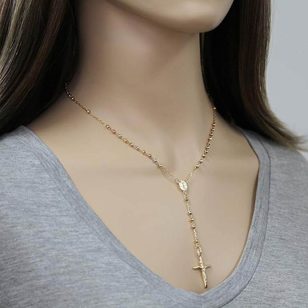 14K Tricolor Gold Rosary Chain Necklace 22'' x 3mm