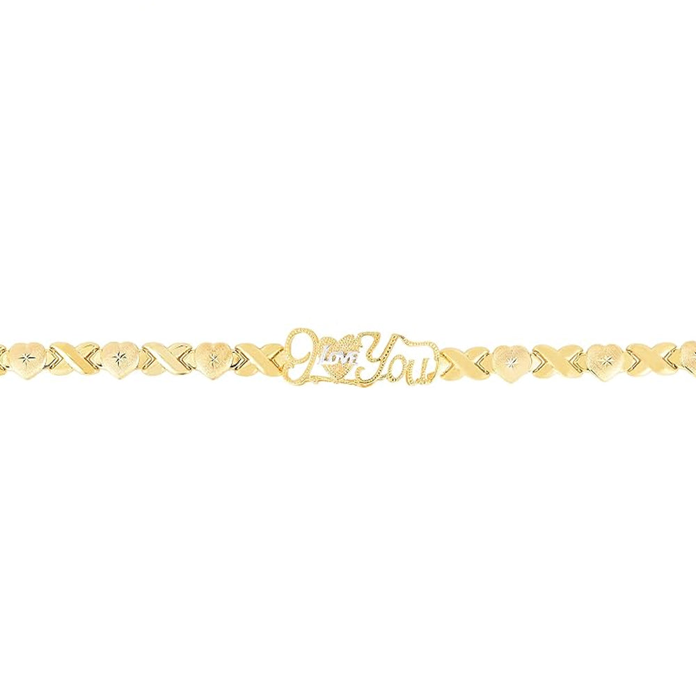 10K Yellow Gold I Love You XOX Heart Bracelet 7.5mm x 7mm