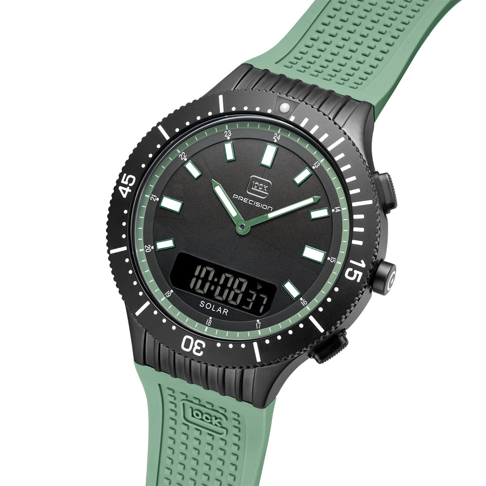 Glock Precision Men Watch. Black Steel Case / Green Silicone Strap GW-40-2-24