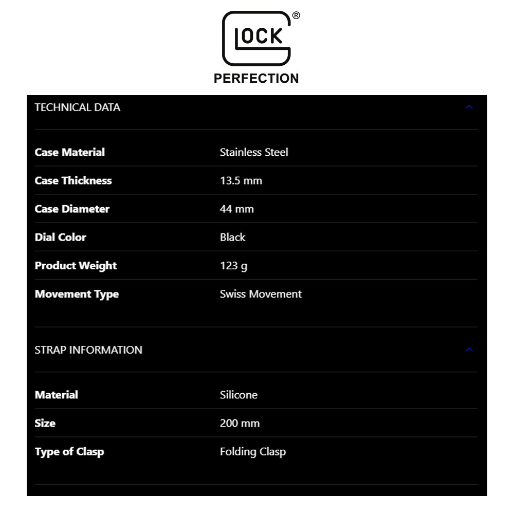 Glock Precision Men Watch. Black Steel Case / Black Silicone Strap GW-42-2-24