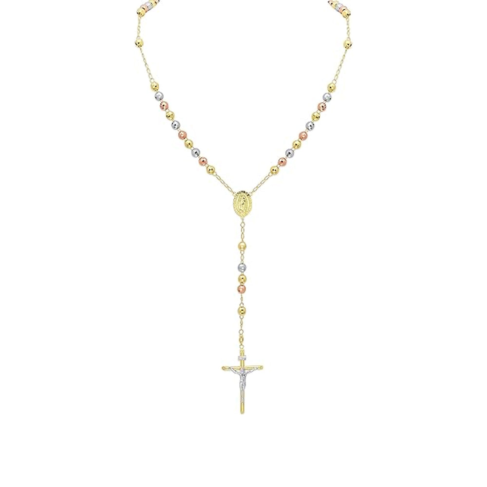 14K Tricolor Gold Rosary Chain Necklace 22'' x 3mm