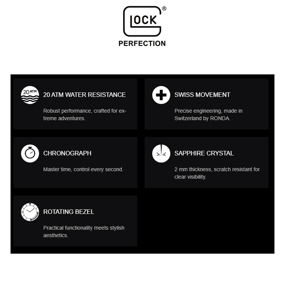 Glock Precision Men Watch. Black Steel Case / Black Silicone Strap GW-42-2-24
