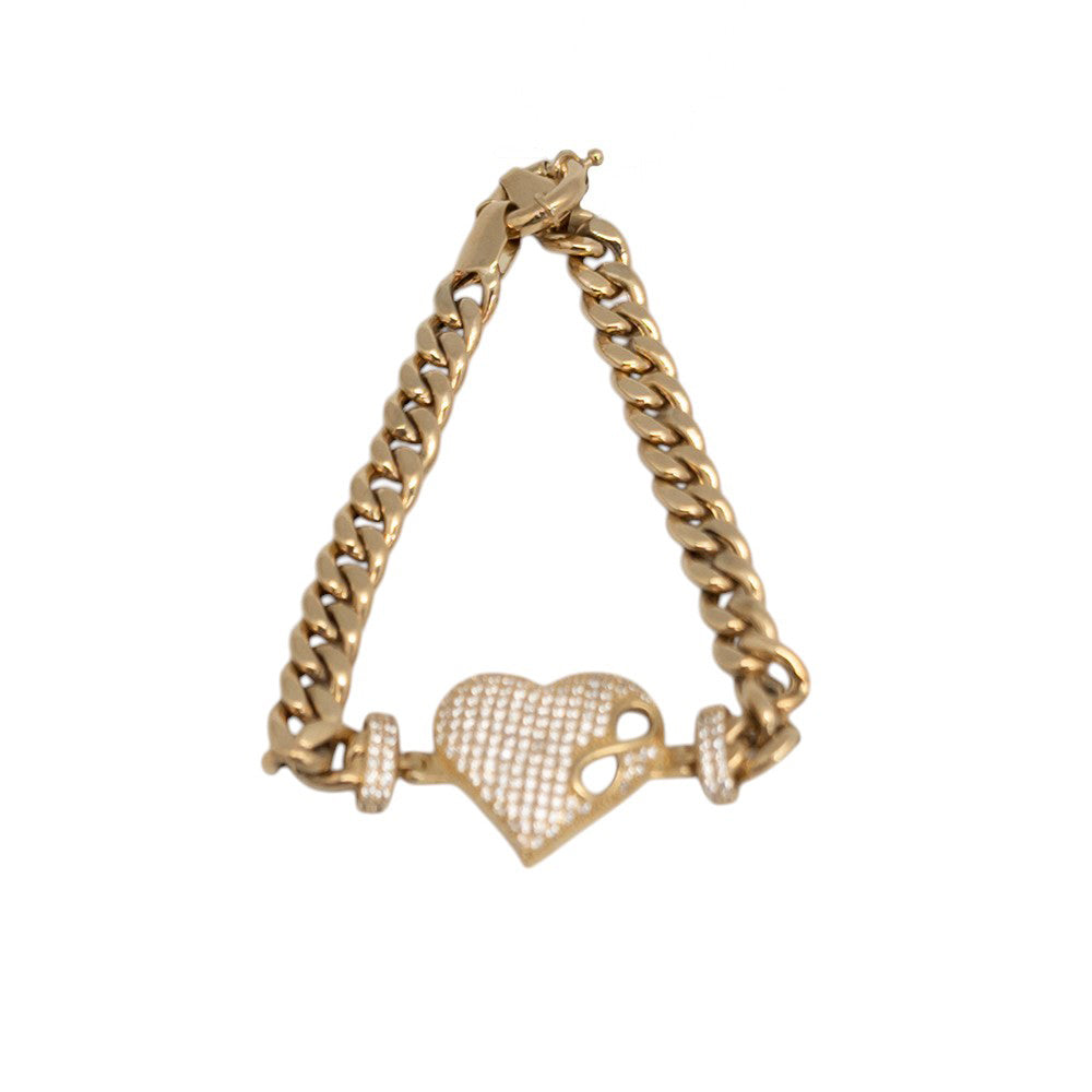 10K Yellow Gold Cuban Link Heart Stone Bracelet 6.5mm x 7''
