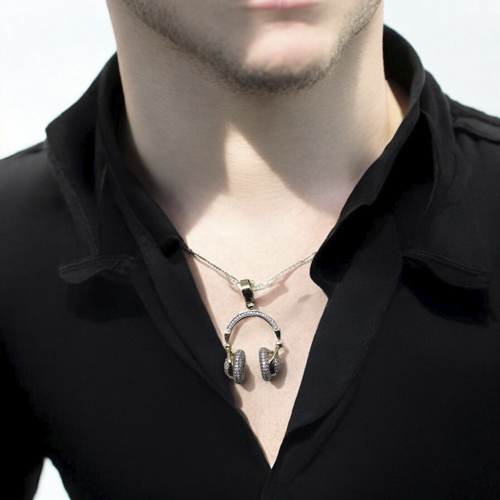 14K Yellow Gold Headphones Stone Pendant Necklace