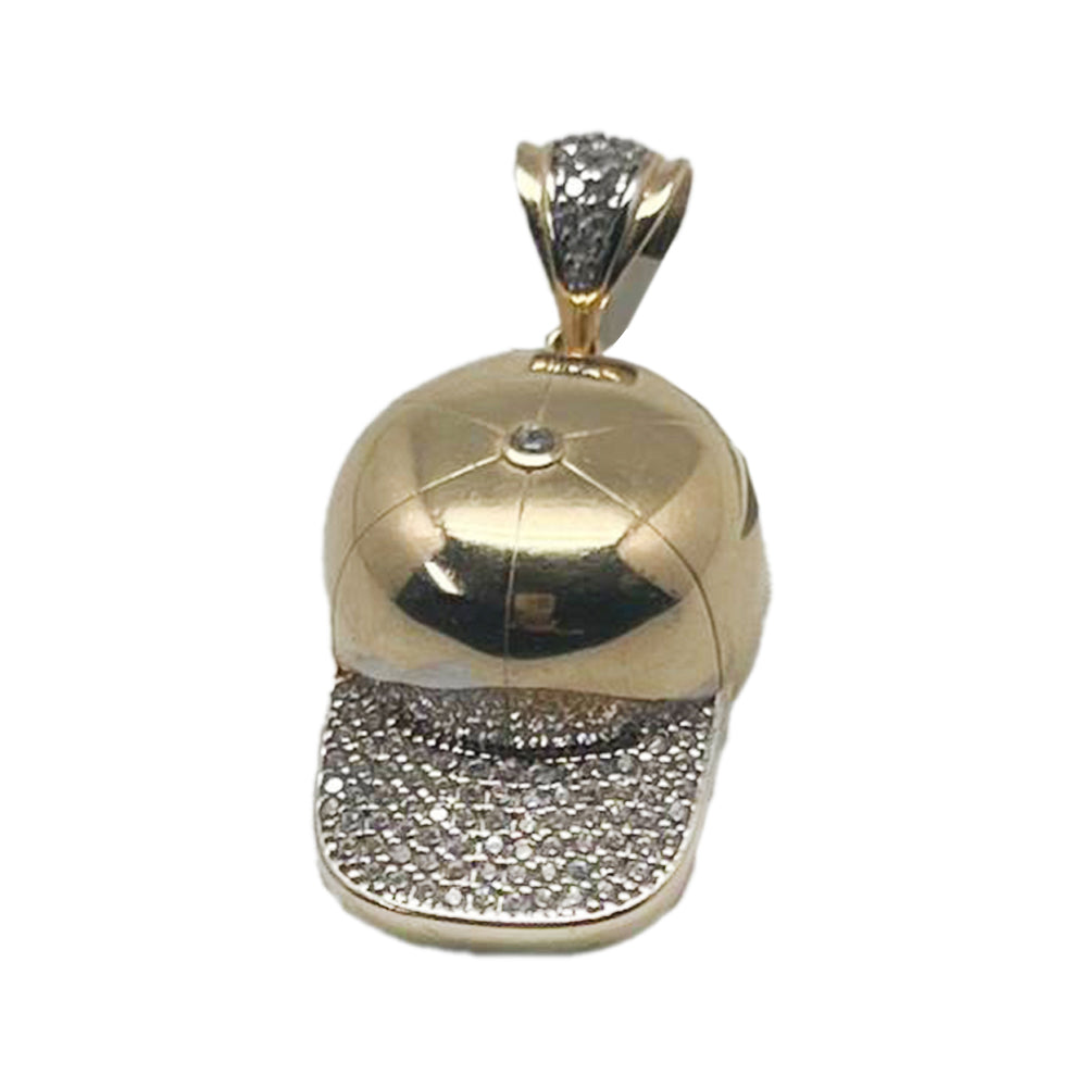 14K Yellow Gold Pendant Baseball Cap Hat Stone