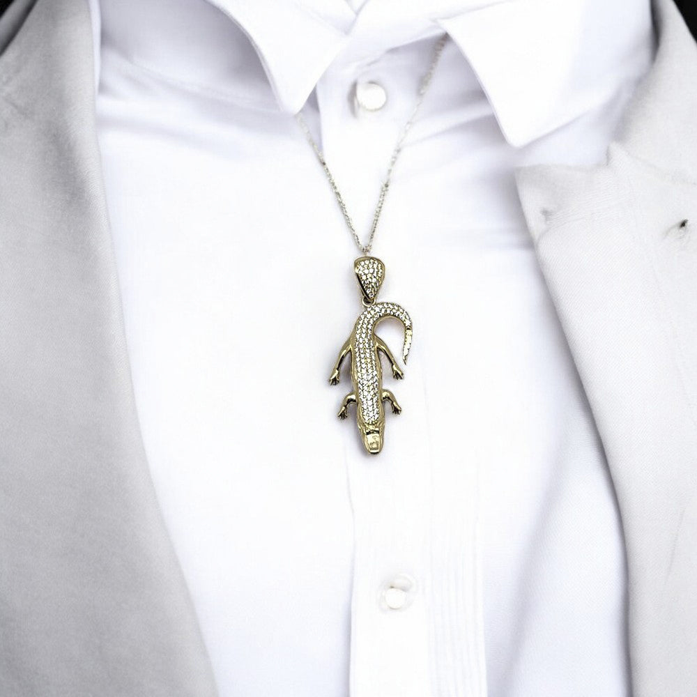 14K Yellow Gold Crocodile Stone Pendant Necklace