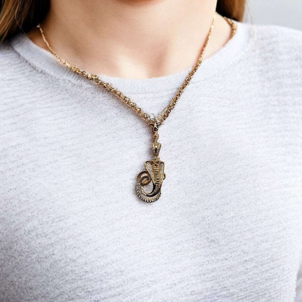 14K Yellow Gold Snake Cobra Pendant Necklace