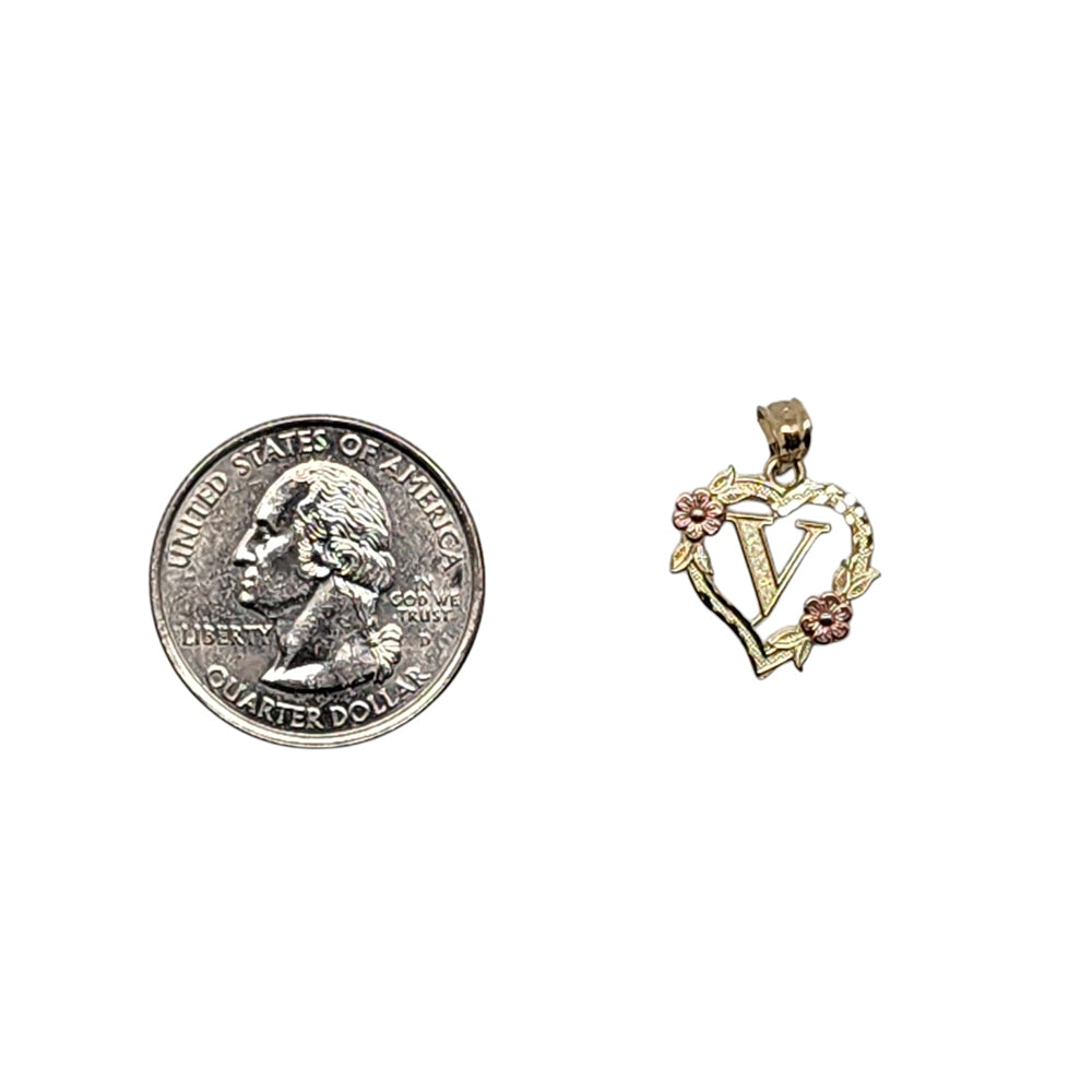 10K Yellow Gold Heart With Letter V Pendant