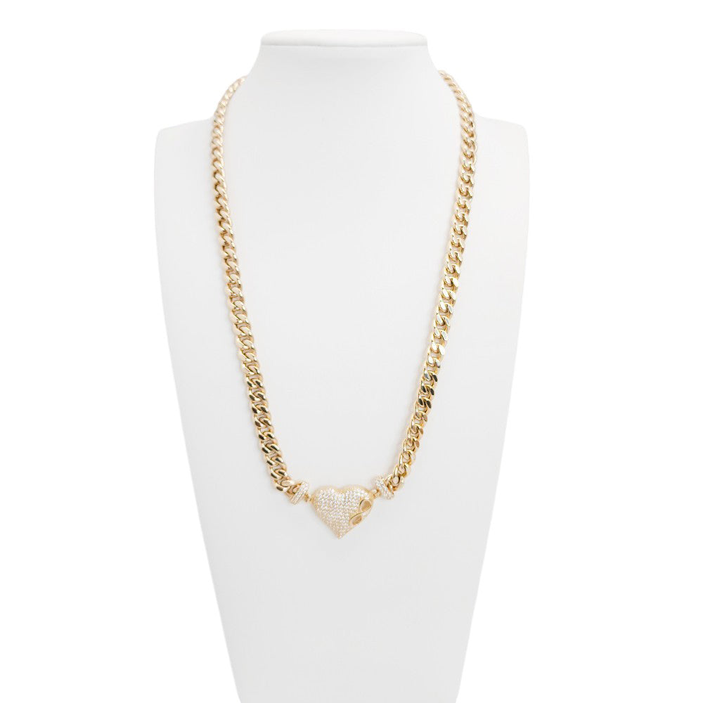 10K Yellow Gold Cuban Link Heart Stone Chain 16'' x 6.5mm