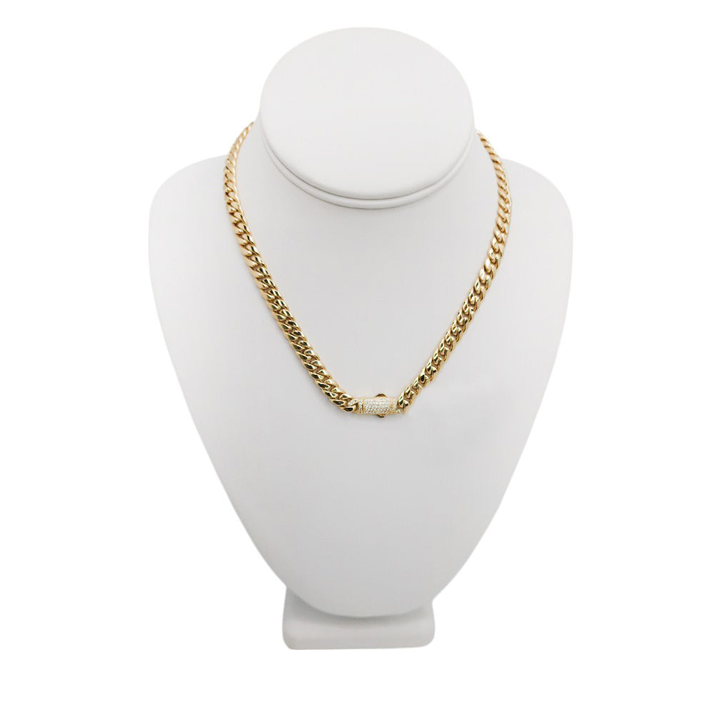 14K Yellow Gold Cuban Link Generic With Stone Lock Monaco Style Chain 16''x7.5''