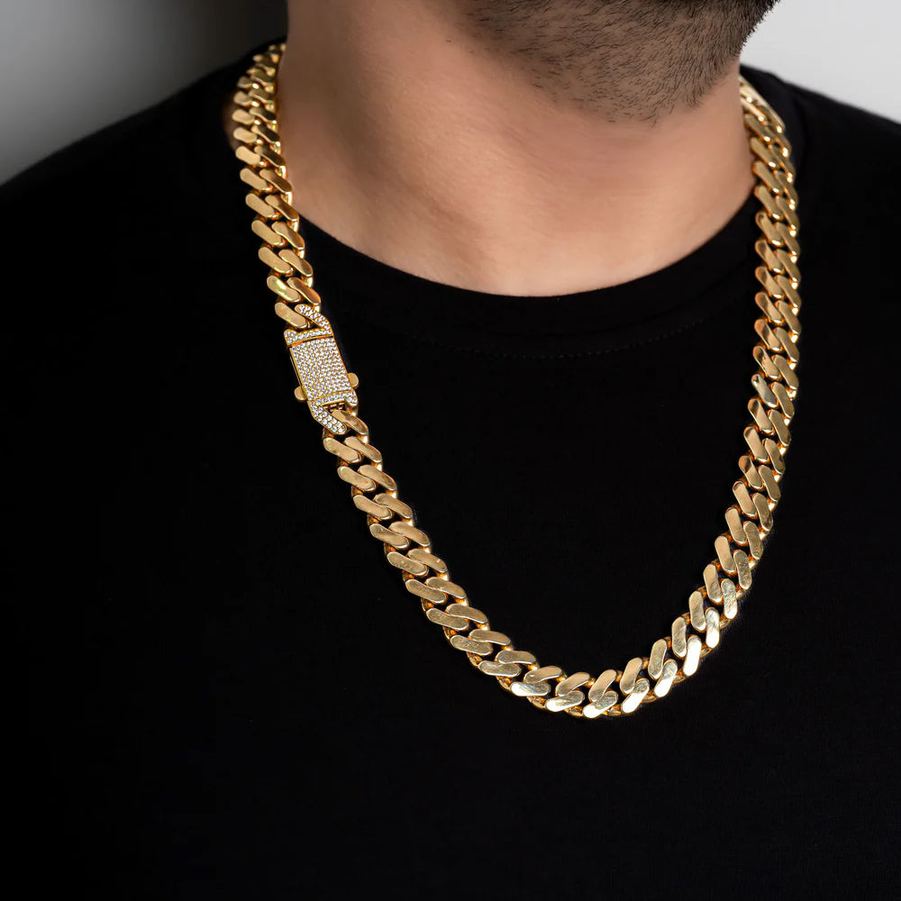 14K Yellow Gold Cuban Link Generic With Stone Lock Monaco Style Chain 16''x7.5''