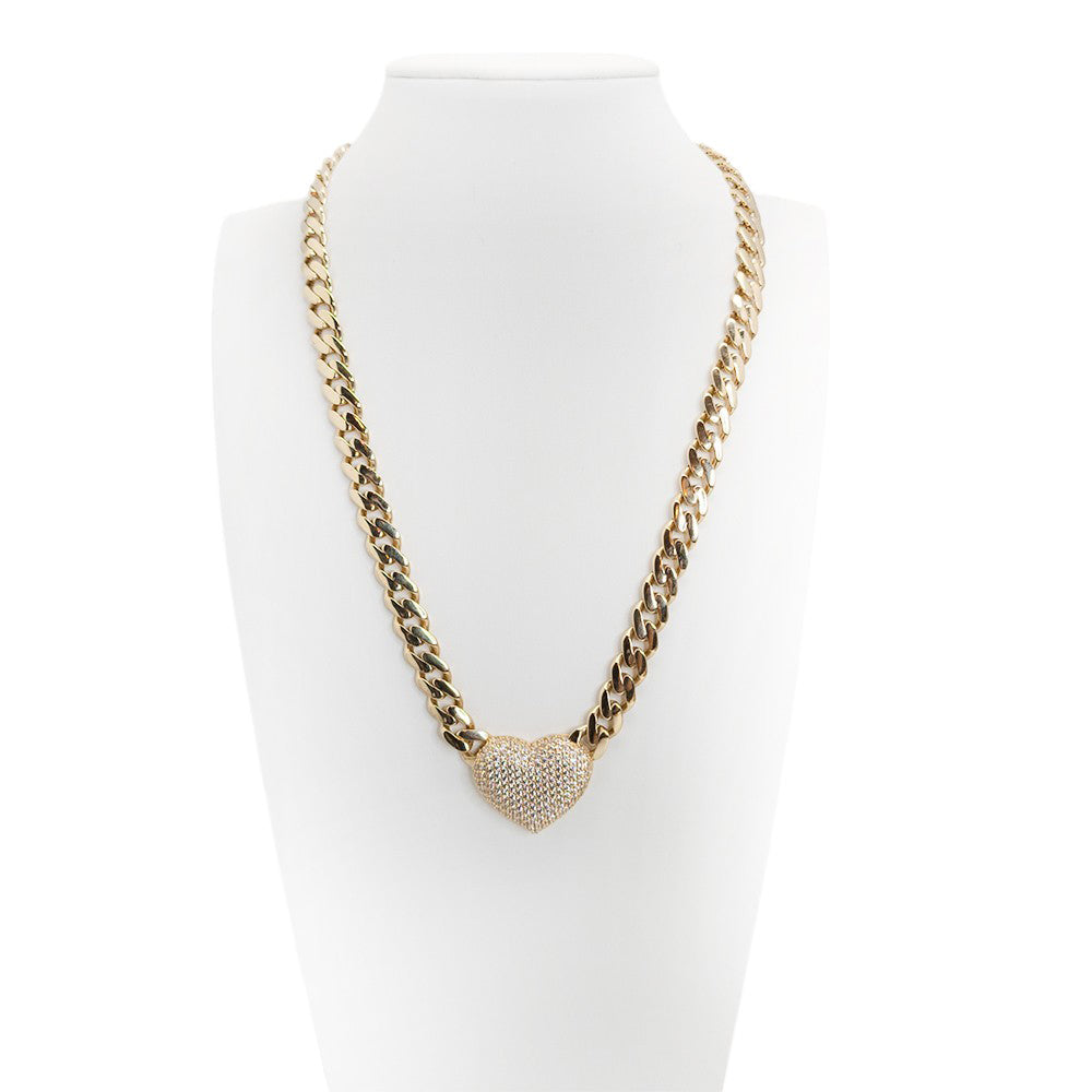14K Yellow Gold Monaco Generic Classic Link With Stone Lock and Heart Chain 16'' x 7.5mm