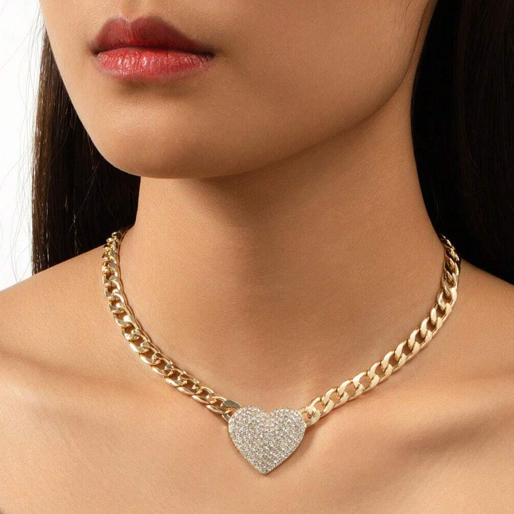 14K Yellow Gold Monaco Generic Classic Link With Stone Lock and Heart Chain 16'' x 7.5mm