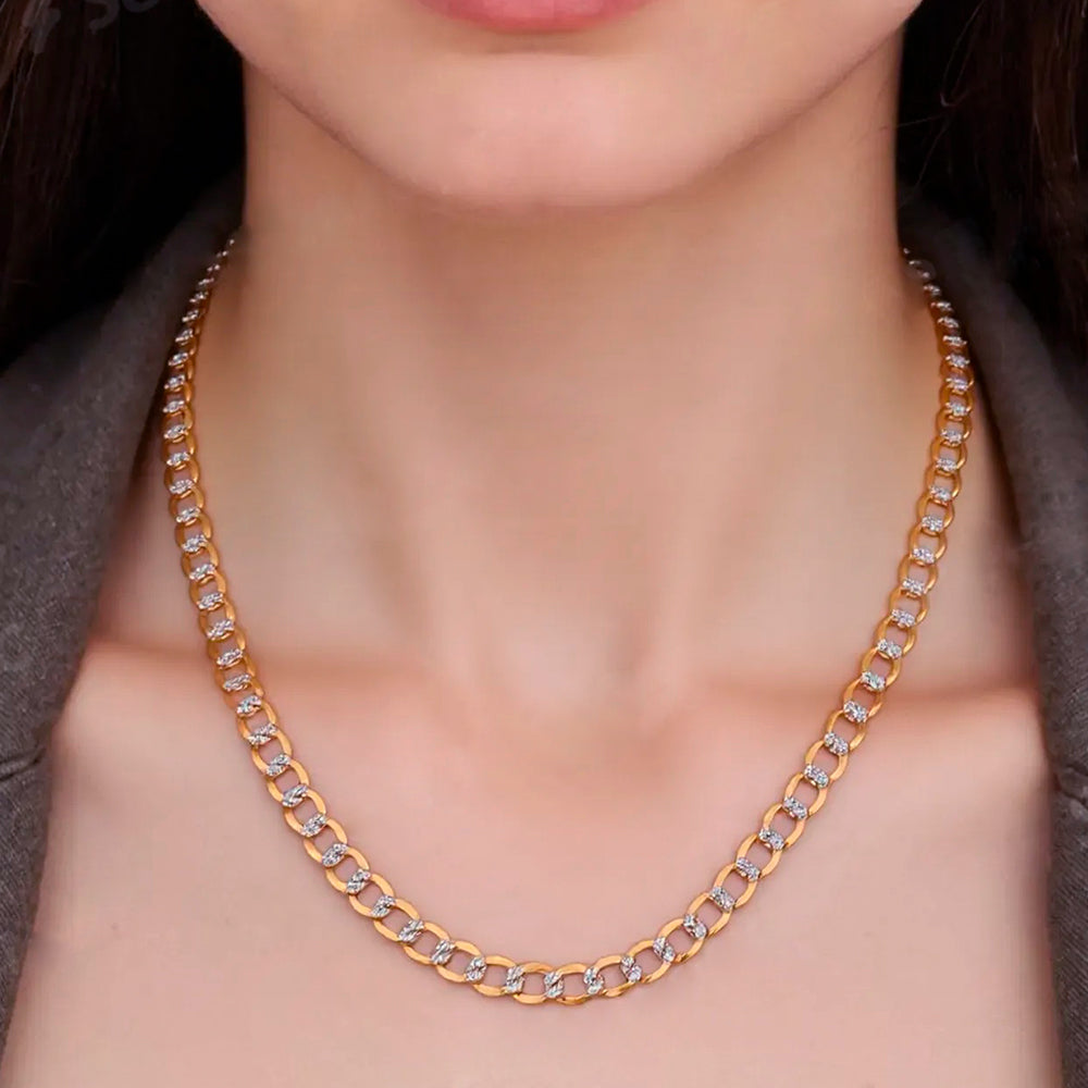14K Yellow Gold Curb Hollow Flat Pave Chain 18'' x 3.5mm