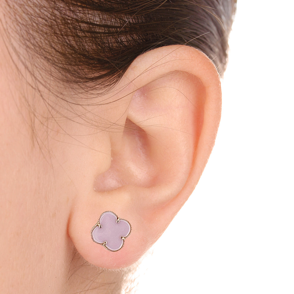14K Yellow Gold Clover Stud Pink Earring