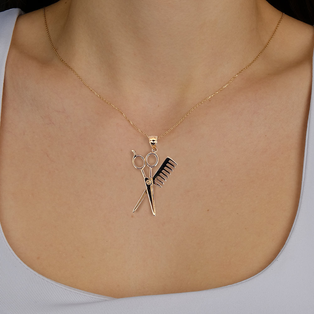 10K Yellow Gold Scissors and Brush Pendant