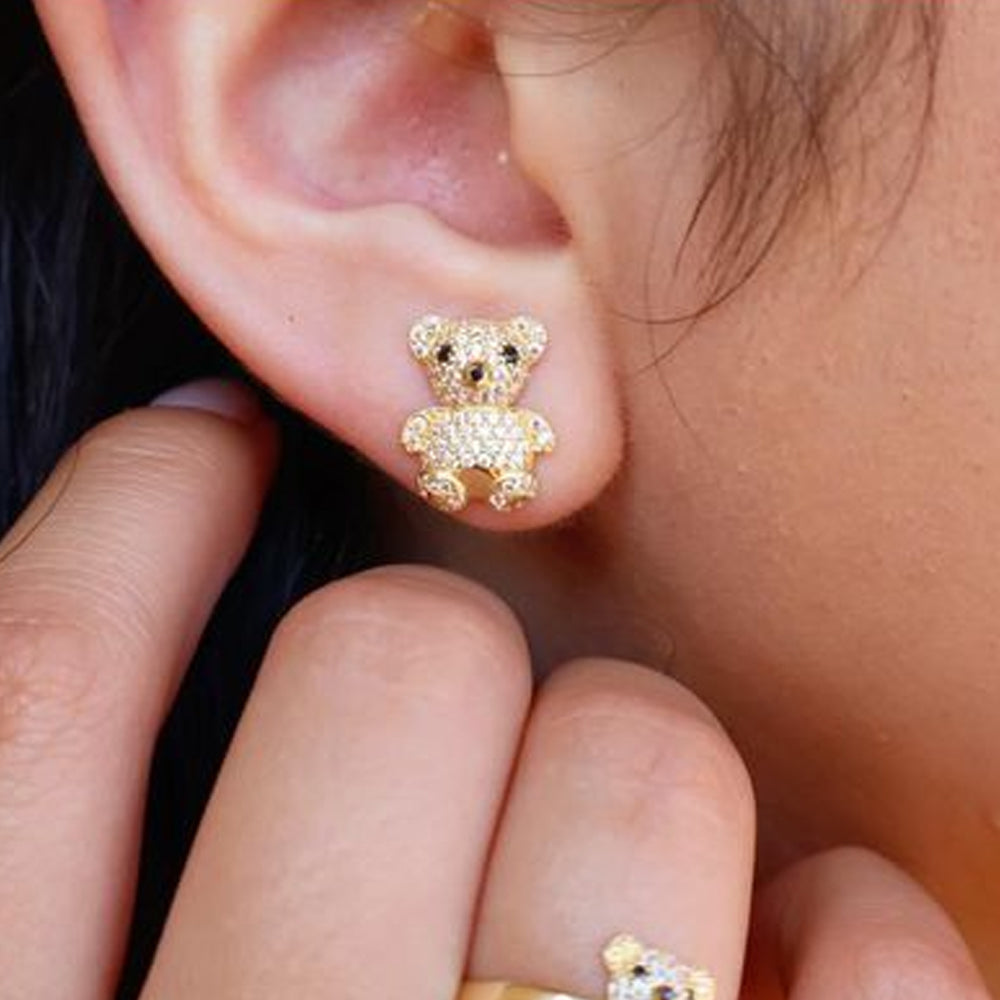 10K Yellow Gold Teddy Bear With Stone Earring