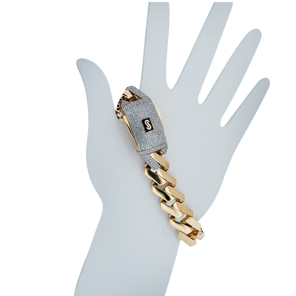 10K Yellow Gold Monaco Original Edge Link Bracelet with Stone Lock 10mm x 18.5''