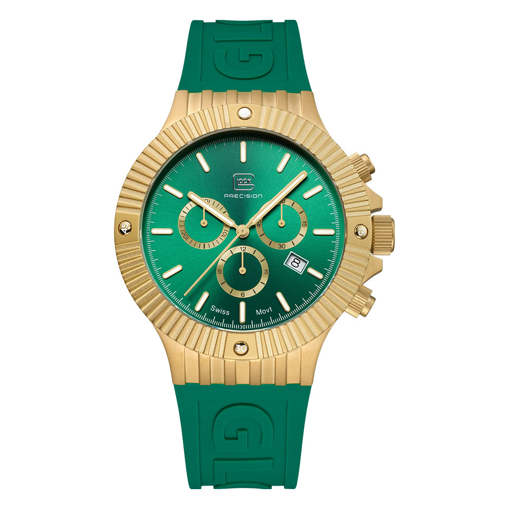 Glock Precision Men Watch. Gold Steel Case / Green Silicone Strap GW-37-2-24