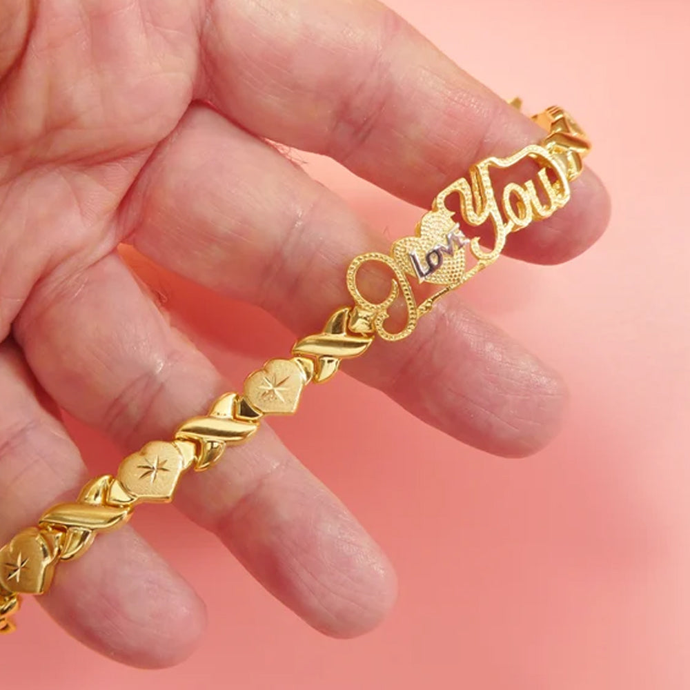 10K Yellow Gold I Love You XOX Heart Bracelet 7.5mm x 7mm