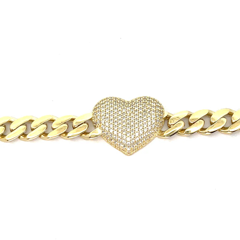 14K Yellow Gold Monaco Generic Classic Link Bracelet with Stone Lock and Heart 7.5'' x 7.5mm