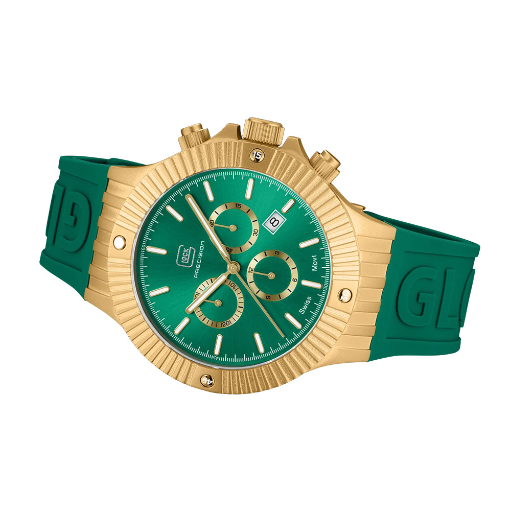 Glock Precision Men Watch. Gold Steel Case / Green Silicone Strap GW-37-2-24