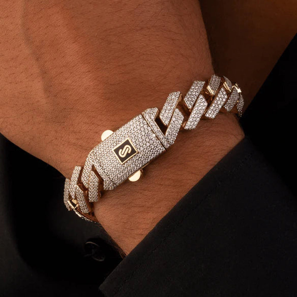 10K Yellow Gold Monaco Hollow Paved Lock Classic Link Bracelet 8mm x 11''