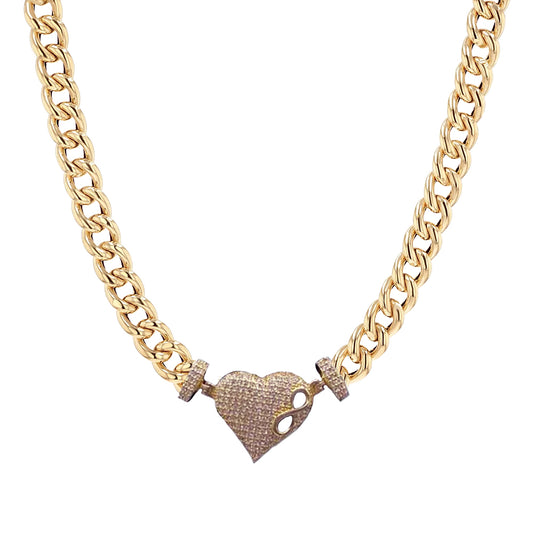 10K Yellow Gold Cuban Link Heart Stone Chain 16'' x 6.5mm