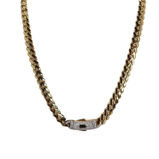 Monaco  Classic Link With Stone Lock Chain Necklace Real 10K Gold Jewelry 16X6.5