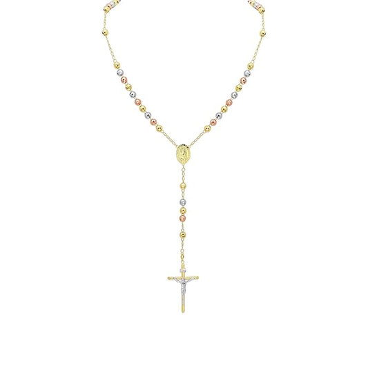 14K Tricolor Gold Rosary Chain Necklace 22'' x 3mm