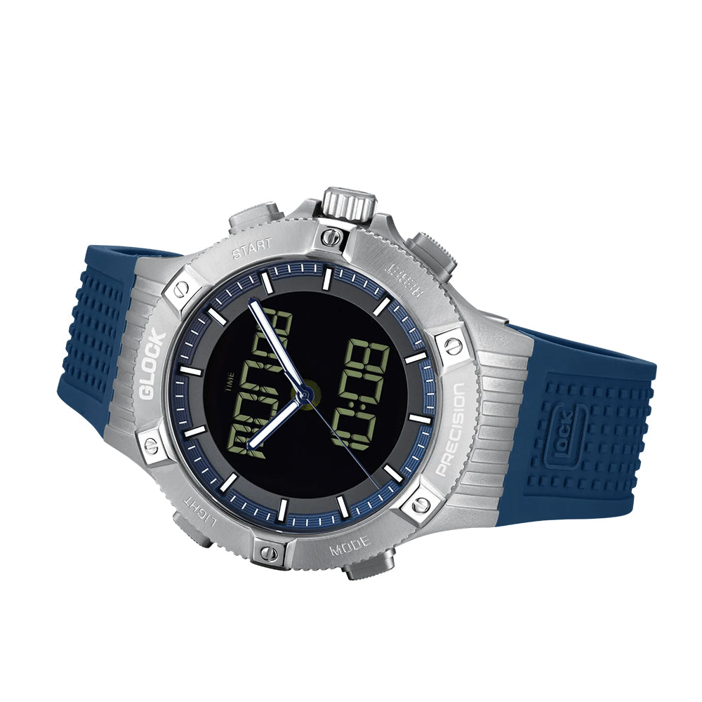 Glock Precision Men Watch. Silver Steel Case / Blue Silicone Strap GW-24-2-24