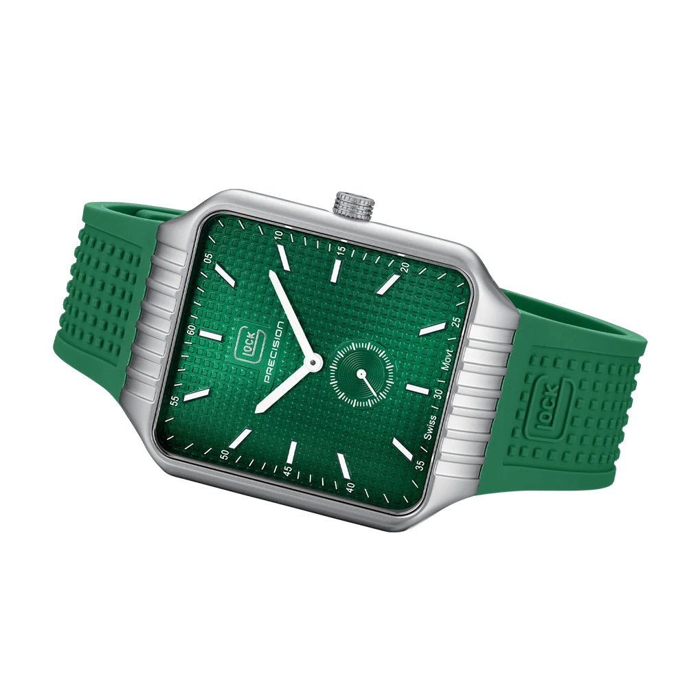 Glock Precision Men Watch. Silver Steel Case / Green Silicone Strap GW--5-1-24