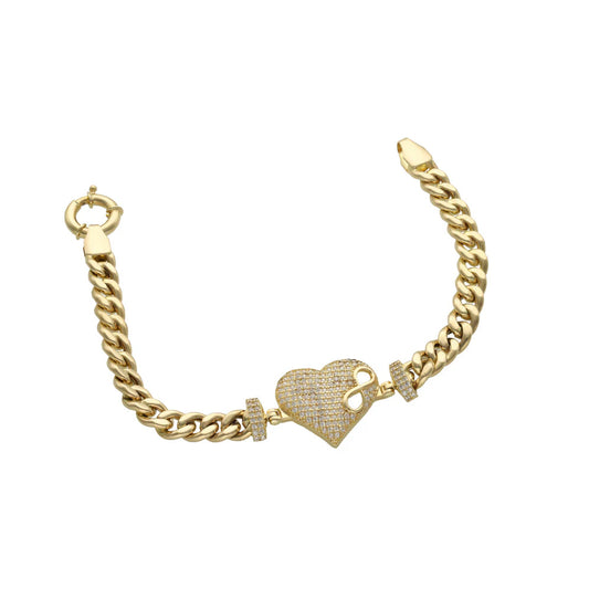 10K Yellow Gold Cuban Link Heart Stone Bracelet 6.5mm x 7''