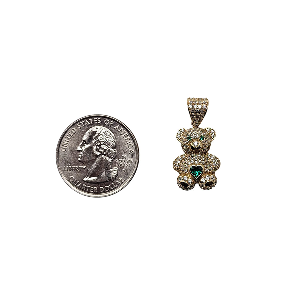 Little Bear With Stone Green Heart Pendant 10K Size 1