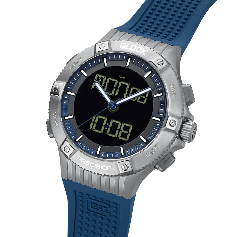 Glock Precision Men Watch. Silver Steel Case / Blue Silicone Strap GW-24-2-24