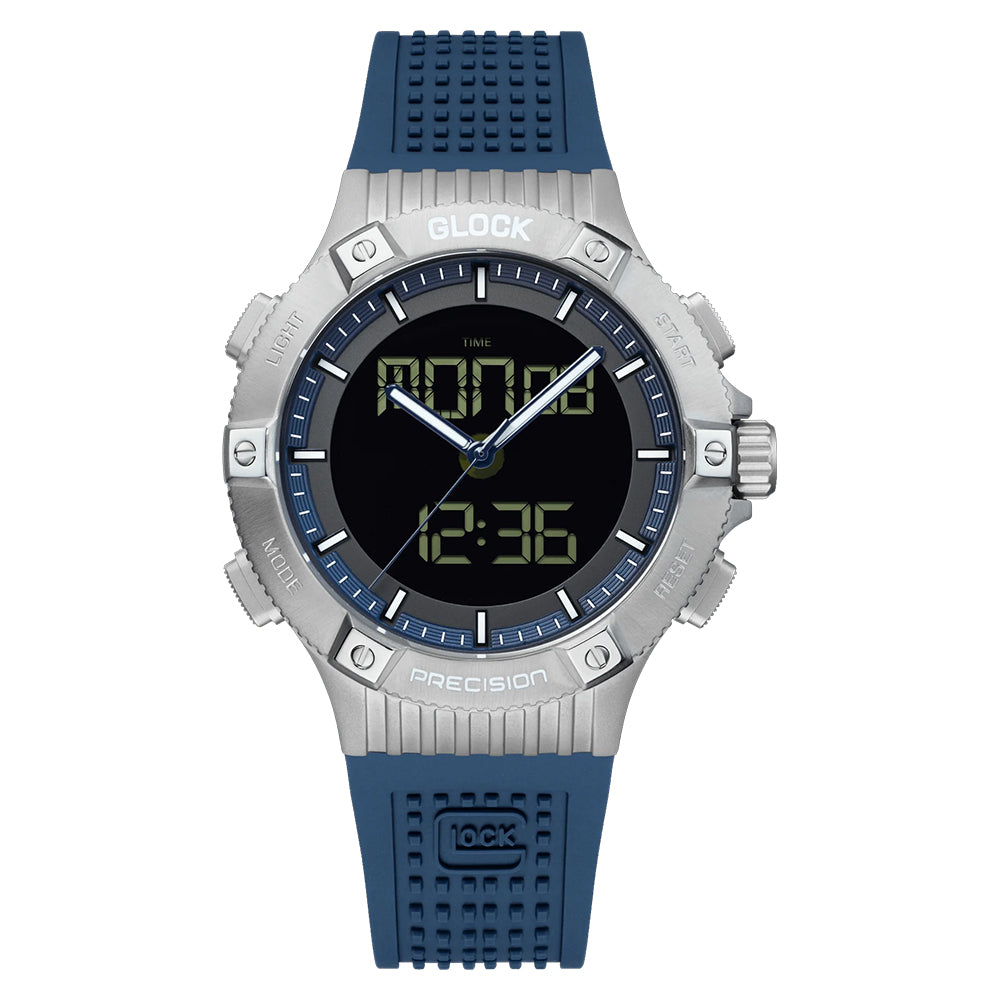 Glock Precision Men Watch. Silver Steel Case / Blue Silicone Strap 24-2-24