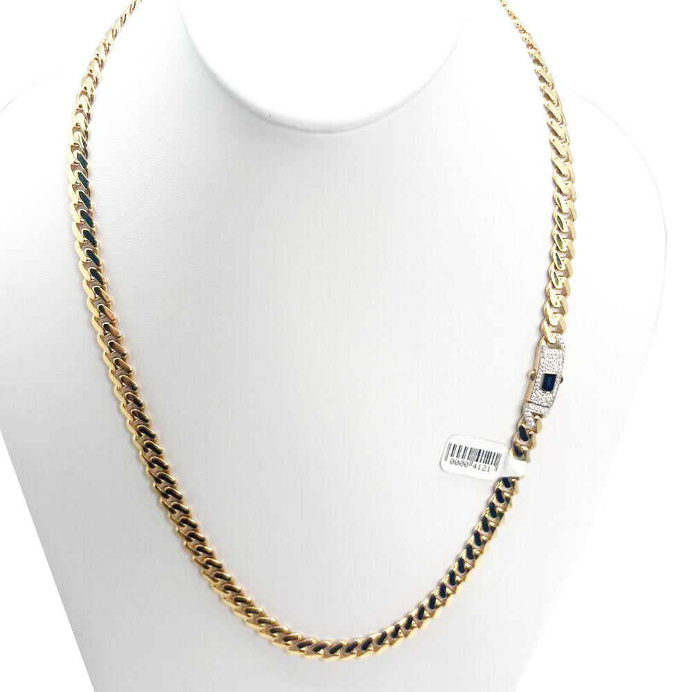 10K Yellow Gold Monaco Classic Link With Stone Lock Chain Necklace 16'' x 6.5mm