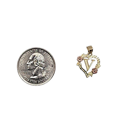 10K Yellow Gold Heart With Letter V Pendant