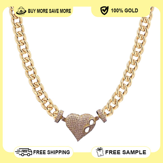10K Yellow Gold Cuban Link Heart Stone Chain 16'' x 6.5mm