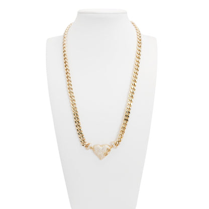 10K Yellow Gold Cuban Link Heart Stone Chain 16'' x 6.5mm