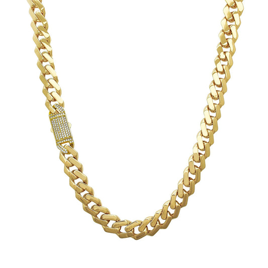 14K Yellow Gold Cuban Link Generic With Stone Lock Monaco Style Chain 16''x7.5''