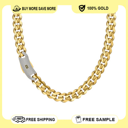 10K Yellow Gold Monaco Classic Link With Stone Lock Chain Necklace 16'' x 6.5mm
