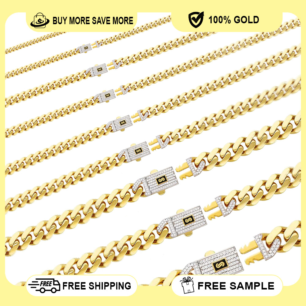 10K Yellow Gold Monaco Classic Link With Stone Lock Chain Necklace 16'' x 6.5mm