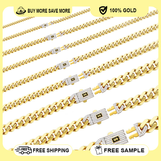 10K Yellow Gold Monaco Classic Link With Stone Lock Chain Necklace 16'' x 6.5mm