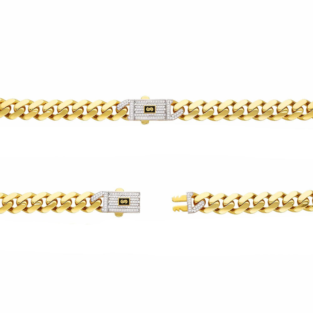 10K Yellow Gold Monaco Classic Link With Stone Lock Chain Necklace 16'' x 6.5mm