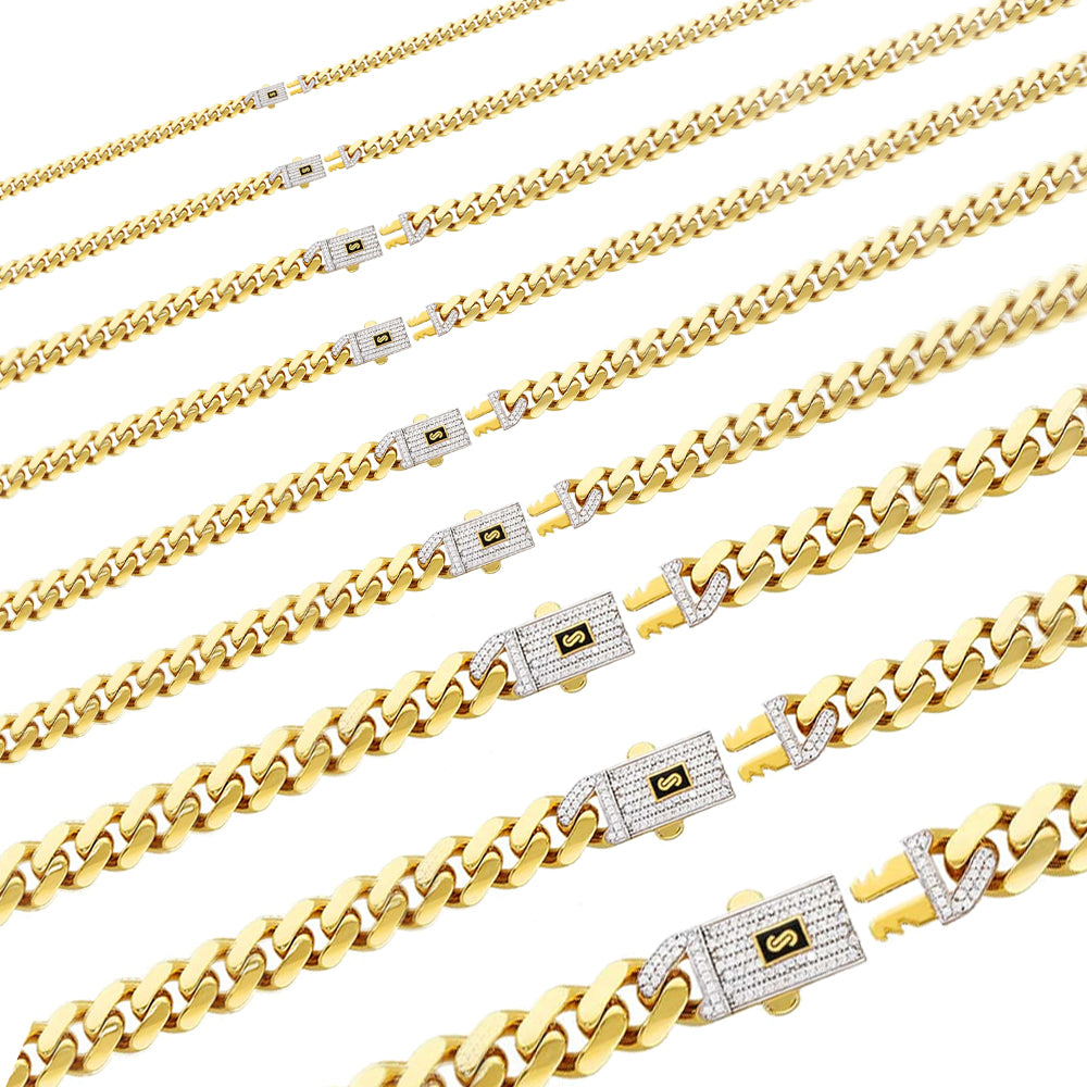 10K Yellow Gold Monaco Classic Link With Stone Lock Chain Necklace 16'' x 6.5mm