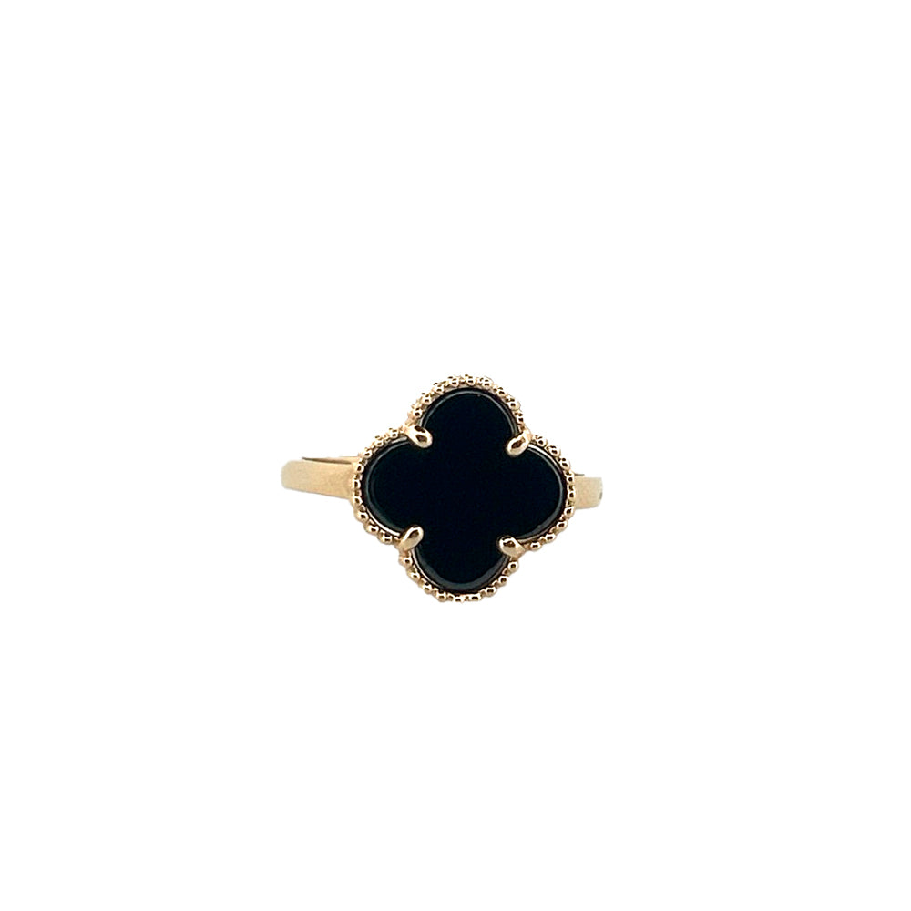 14K Yellow Gold Clover Black Ring Size 7.5