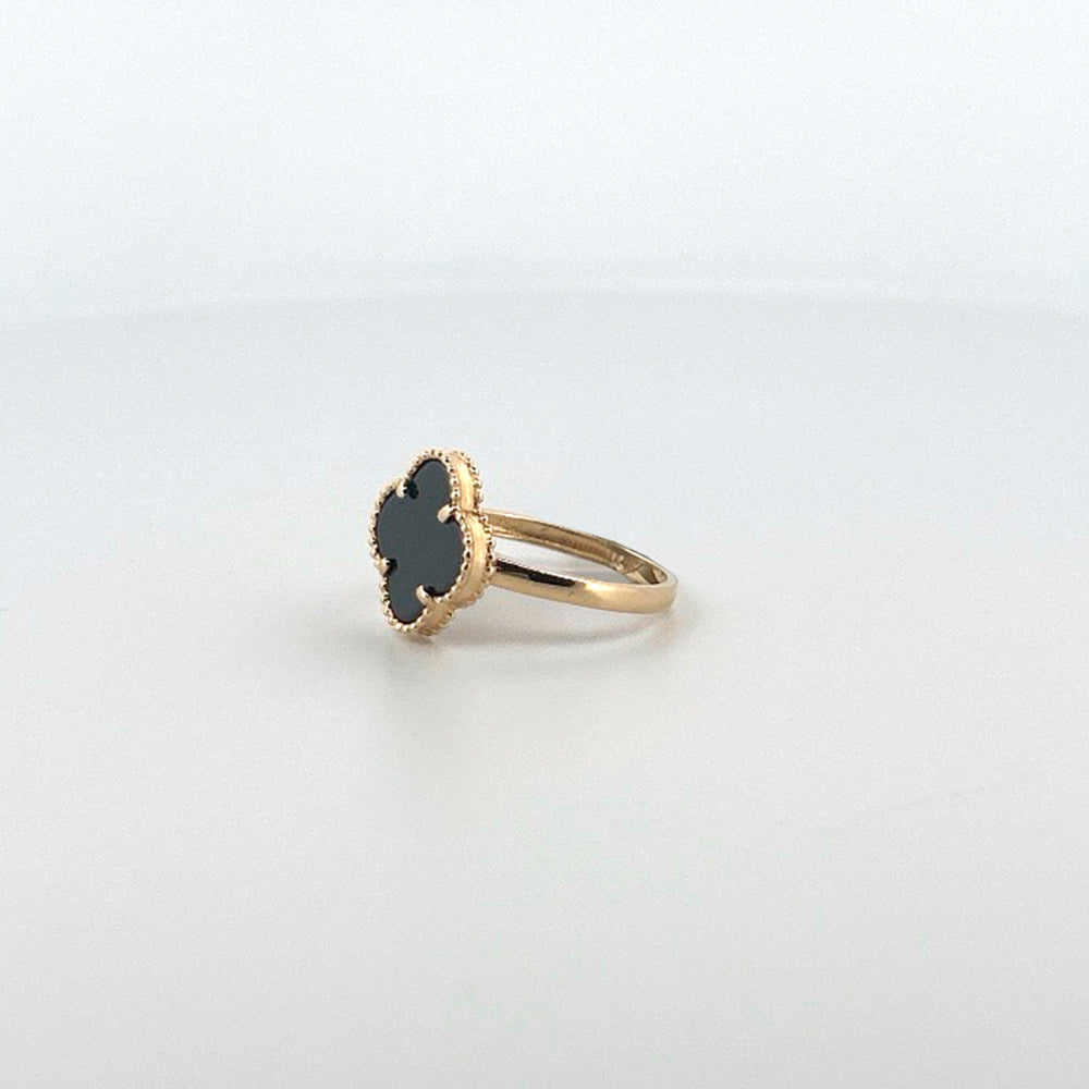 14K Yellow Gold Clover Black Ring Size 7.5