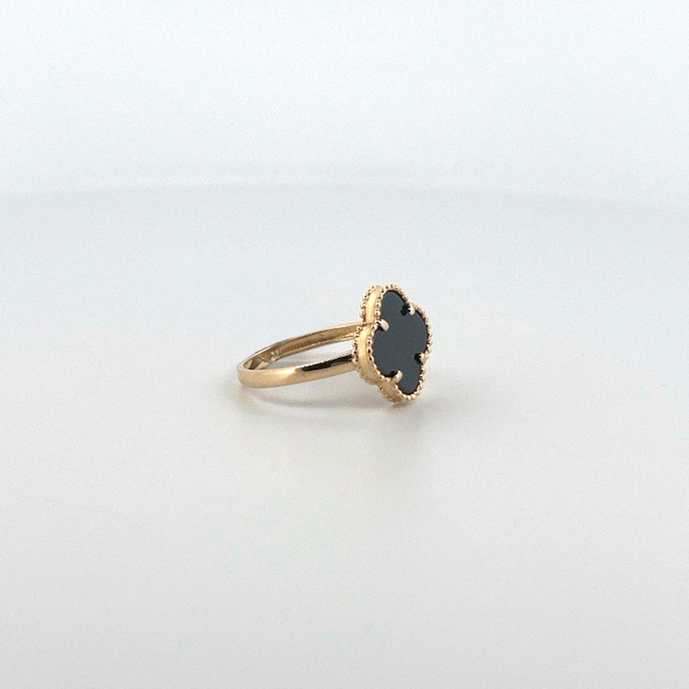 14K Yellow Gold Clover Black Ring Size 7.5