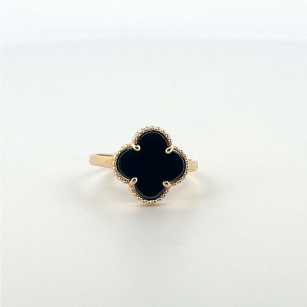 14K Yellow Gold Clover Black Ring Size 7.5